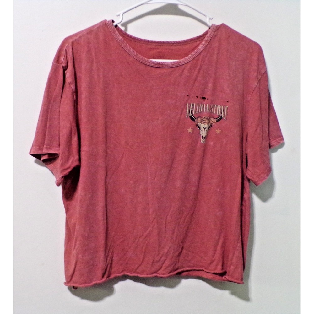 Faded & Holes Pink "Yellowstone" Ranch Crop T-Shirt Size S‎ Short Sleeve Rolled